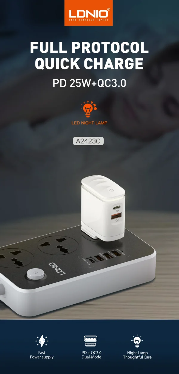 ADAPTER LDNIO PD25W & QC3.0 TYPE-C, USB-A FAST CHARGER A2423C